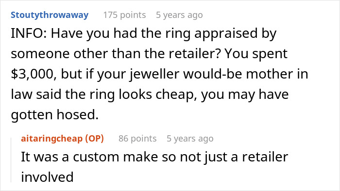 Reddit user discusses concerns about ring value and appraisal, highlighting reasons to refuse buying engagement ring without proper verification. Reddit user discusses concerns about ring value and appraisal, highlighting reasons to refuse buying engagement ring without proper verification.