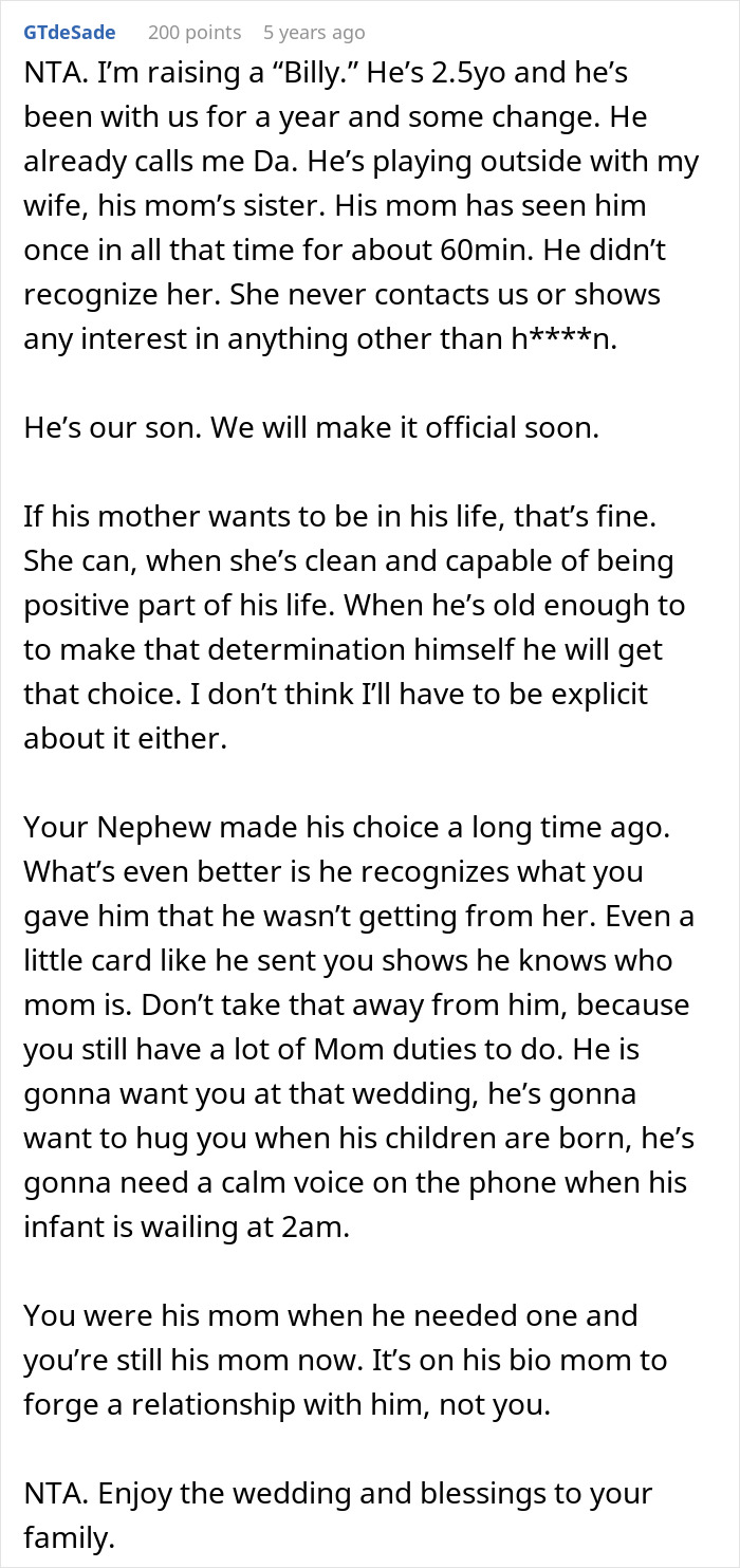 Comment about woman letting nephew call her mom while his biological mom demands she stop it, discussing family dynamics. Comment about woman letting nephew call her mom while his biological mom demands she stop it, discussing family dynamics.