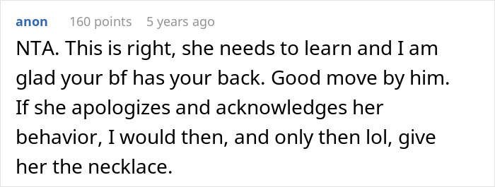 Screenshot of an online comment discussing a 13-year-old's conflict with dad's girlfriend over rude behavior and a refused gift. Screenshot of an online comment discussing a 13-year-old's conflict with dad's girlfriend over rude behavior and a refused gift.