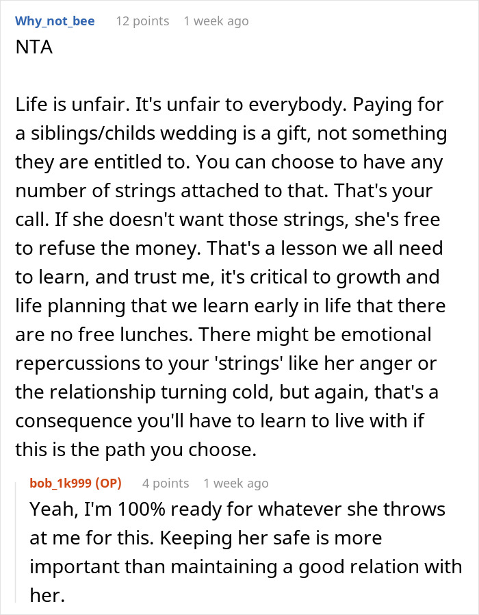 Commenter explains financial instability and strings attached to wedding gifts, highlighting consequences after a bitter reality check.