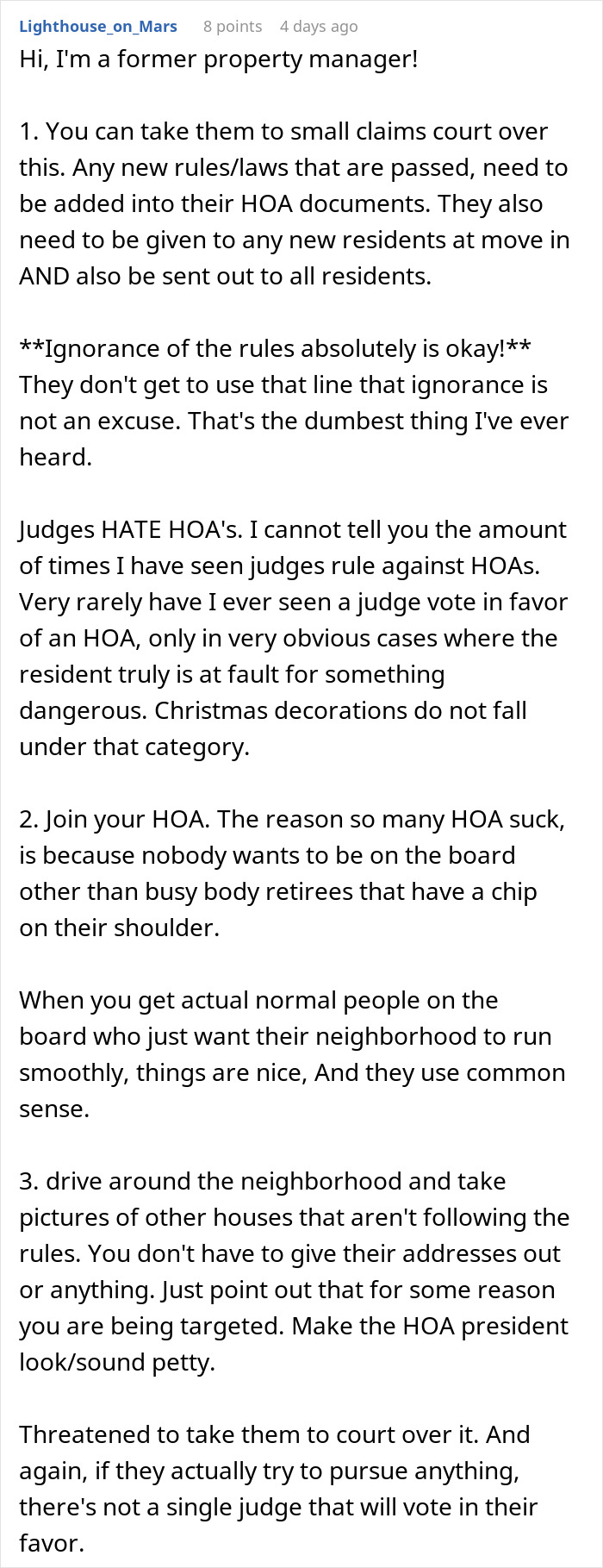 Text post from a former property manager discussing HOA rules and disputes over festive Christmas decorations.