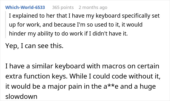 Text conversation discussing the importance of a specific keyboard setup and the impact of using a spare keyboard. Text conversation discussing the importance of a specific keyboard setup and the impact of using a spare keyboard.
