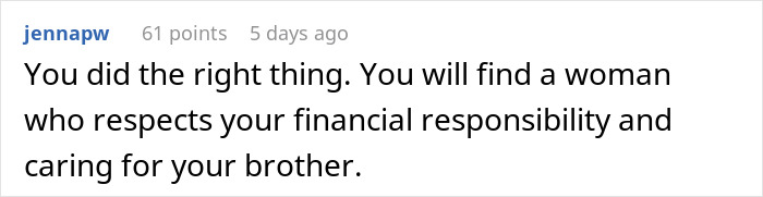 Comment on Reddit about ending relationship due to debt and clashing values over wedding payment demands.