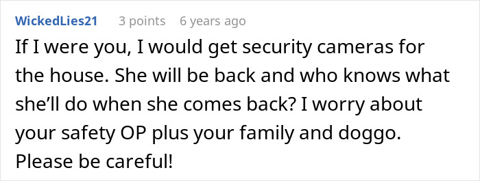 Screenshot of a user comment warning about MIL poisoning family dog and advising security for safety after verbal attacks.