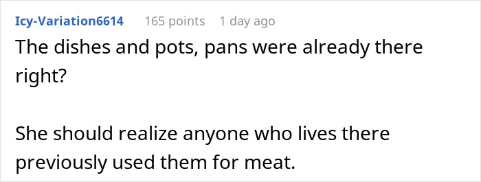 Online comment discussing refusal to follow strict vegan rules in shared kitchen, labeled selfish by roommate.