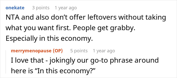 Screenshot of a Reddit conversation about Thanksgiving host shock after family clears leftovers from the fridge.