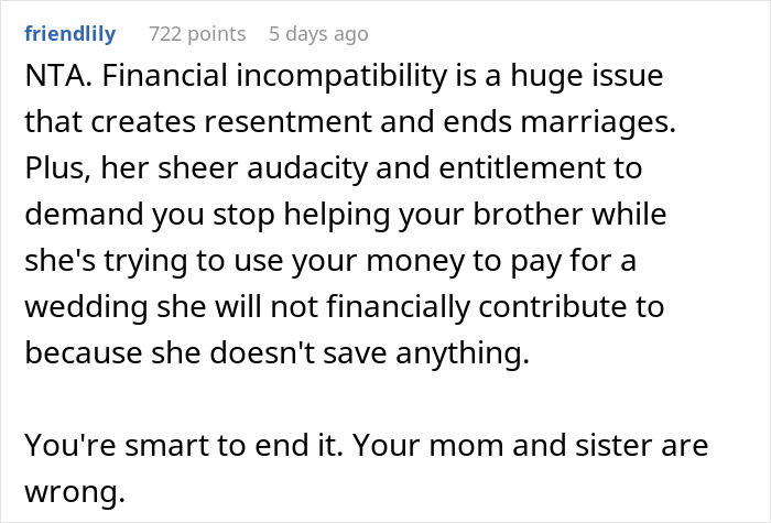 Comment discussing financial incompatibility and resentment leading to a groom ending relationship over wedding debt demands.