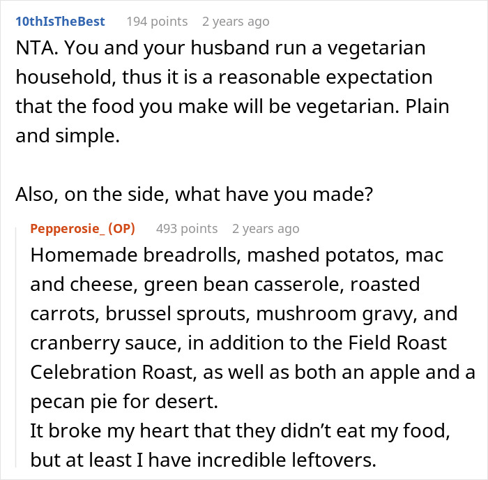 Reddit conversation about a vegetarian host preparing a Christmas meal without ham, causing family to react strongly. Reddit conversation about a vegetarian host preparing a Christmas meal without ham, causing family to react strongly.