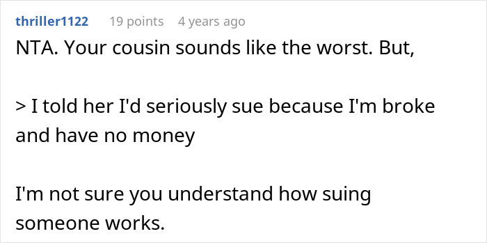 Screenshot of a discussion about a man demanding cousin pay for his cruel prank and the aunt’s surprising reaction.