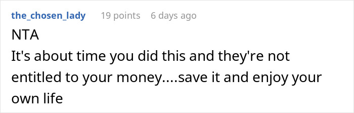 Reddit comment: NTA, save your money and enjoy your life - brother money wife family conflict Reddit comment: NTA, save your money and enjoy your life - brother money wife family conflict