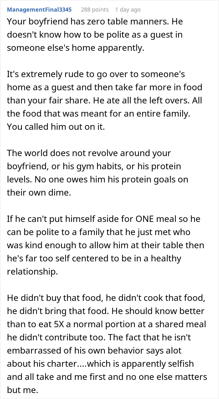 Comment criticizing guy’s hunger and table manners, mentioning girlfriend's embarrassment in front of family. Comment criticizing guy’s hunger and table manners, mentioning girlfriend's embarrassment in front of family.