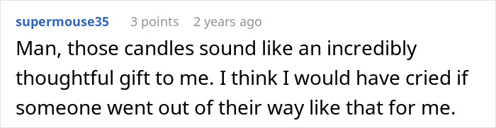 Text screenshot of a Reddit comment discussing a thoughtful gift, relating to woman upset son’s partner and tacky little trinkets. Text screenshot of a Reddit comment discussing a thoughtful gift, relating to woman upset son’s partner and tacky little trinkets.