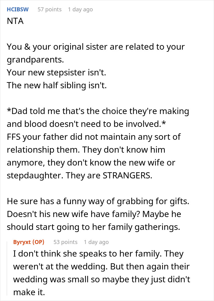Screenshot of an online discussion about a dad cutting off late wife’s family and teen calling him out on new baby demands. Screenshot of an online discussion about a dad cutting off late wife’s family and teen calling him out on new baby demands.