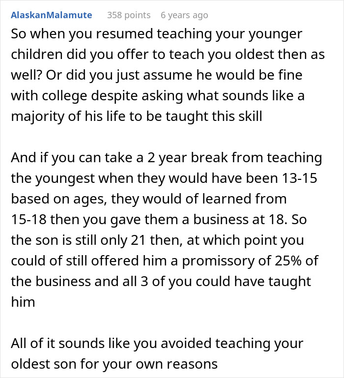 Screenshot of a Reddit comment discussing a man upset his dad didn’t pass on craft skills while half-brothers start a business.