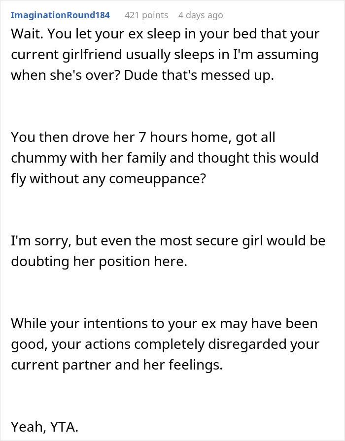 Comment criticizing a guy for going above and beyond for his ex, upsetting his current partner.