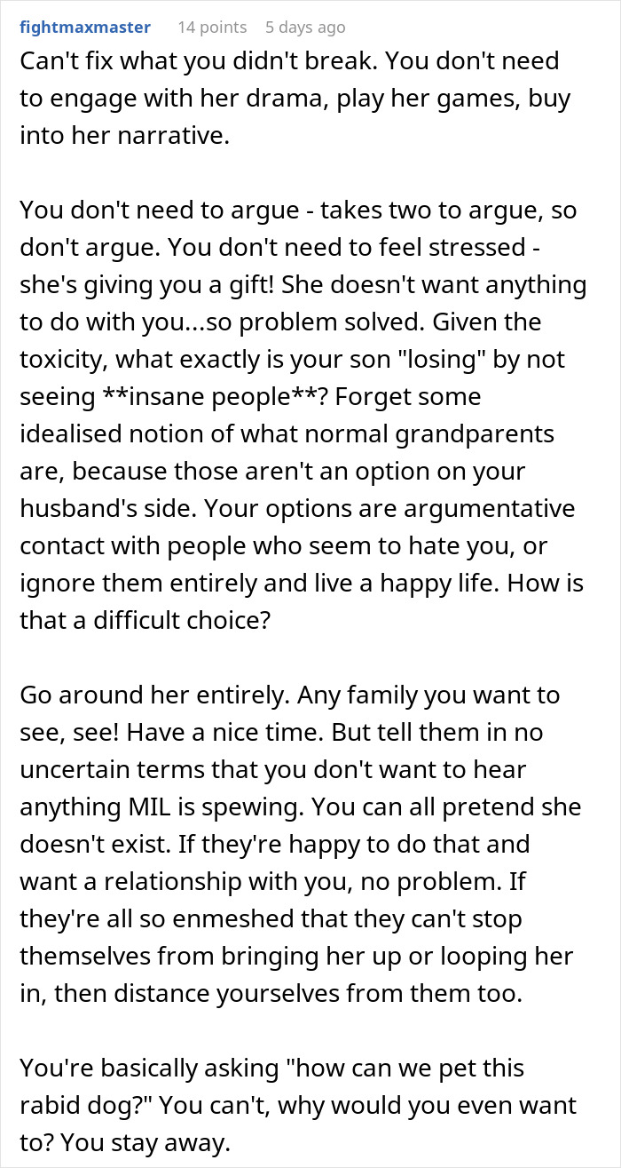 Comment advising to avoid MIL’s toxic drama after DIL’s premature birth, emphasizing setting boundaries and ignoring negativity.