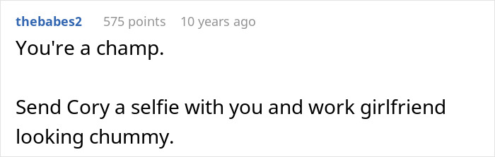 Screenshot of an online comment praising someone and suggesting a selfie with a work girlfriend and Cory.