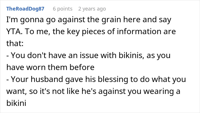 Screenshot of a forum comment discussing a Muslim daughter-in-law refusing to wear a bikini to a bridal party. Screenshot of a forum comment discussing a Muslim daughter-in-law refusing to wear a bikini to a bridal party.