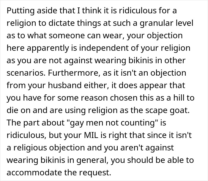 Text excerpt discussing family conflict over Muslim daughter-in-law refusing to wear bikini at bridal party, citing religion. Text excerpt discussing family conflict over Muslim daughter-in-law refusing to wear bikini at bridal party, citing religion.