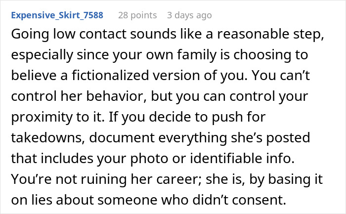 Comment discussing a woman&rsquo;s anger over her sister building TikTok fame by lying about her, and advice on managing the situation.