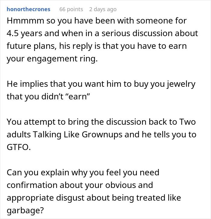 Text message about man telling girlfriend she must earn engagement ring after 4.5 years, causing drama and relationship conflict.