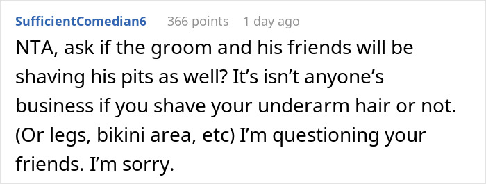 Screenshot of a Reddit comment discussing guests’ reactions to a woman’s hairy armpits at a wedding. Screenshot of a Reddit comment discussing guests’ reactions to a woman’s hairy armpits at a wedding.