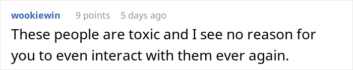 Text screenshot showing a comment about toxic people, related to a story on MIL and premature birth conflict.