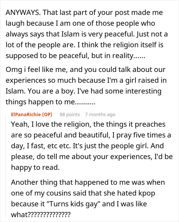 Online text conversation discussing religion and personal experiences, highlighting a secretly gay teen's perspective on respect and identity. Online text conversation discussing religion and personal experiences, highlighting a secretly gay teen's perspective on respect and identity.