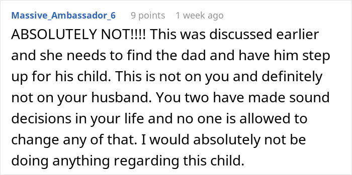 Screenshot of a Reddit comment where a user strongly refuses responsibility for her sister’s new baby, supporting childfree choice. Screenshot of a Reddit comment where a user strongly refuses responsibility for her sister’s new baby, supporting childfree choice.