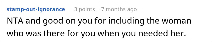 Screenshot of a Reddit comment praising inclusion of the woman honored by daughter instead of bio mom at wedding.