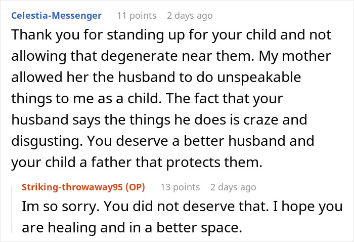 Reddit comment thanking a woman for banning MIL’s creepy husband, protecting her child, and addressing marriage struggles. Reddit comment thanking a woman for banning MIL’s creepy husband, protecting her child, and addressing marriage struggles.