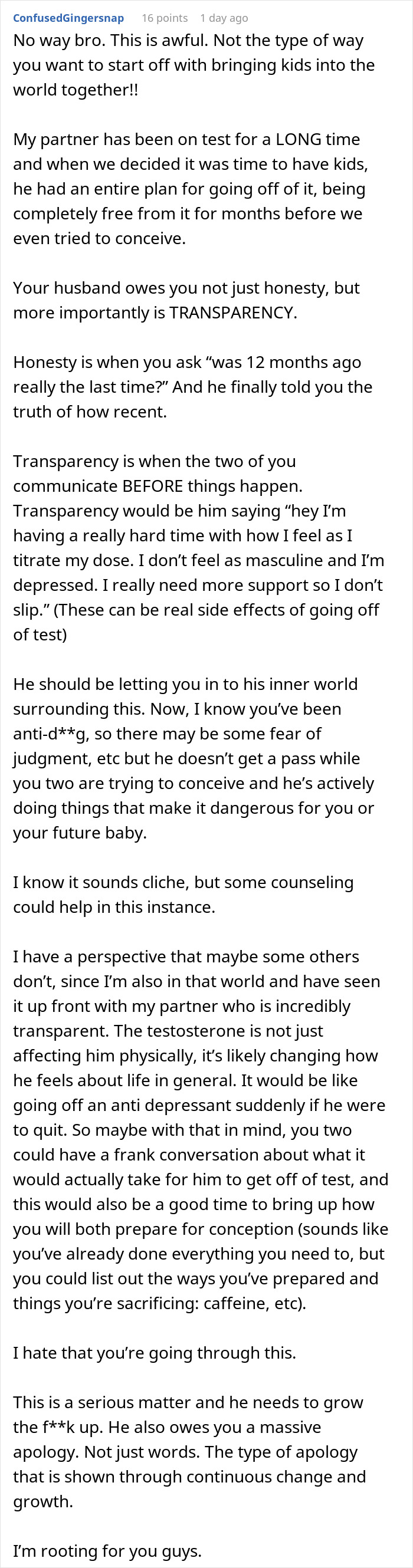 Screenshot of a detailed Reddit comment discussing honesty and transparency in relationships and future child health risks.