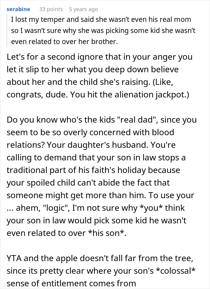 Comment thread discussing a dad demanding family skips Hanukkah gifts because his son will have a tantrum.