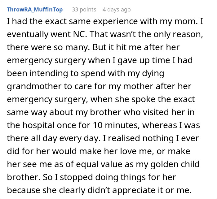 Text post discussing how a woman overlooks her daughter's efforts while focusing on flowers from her son.