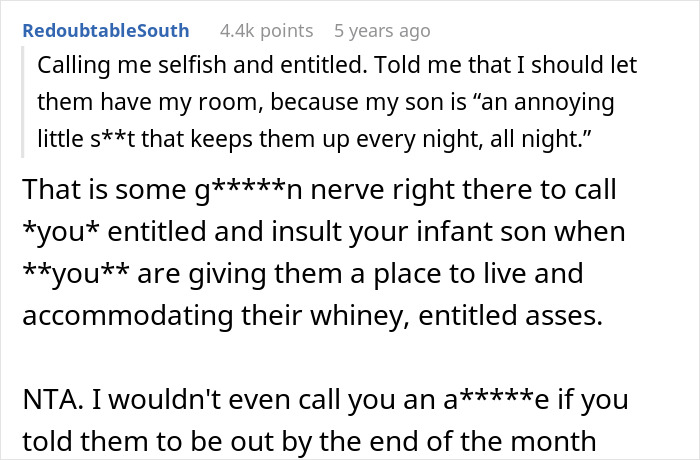 Screenshot of a Reddit comment about entitled behavior when a woman tries to help her brother and his wife.
