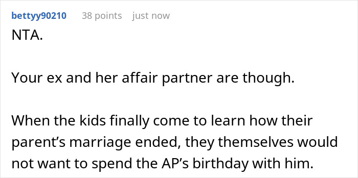 Screenshot of an online comment discussing kids custody and relationship dynamics around a birthday event. Screenshot of an online comment discussing kids custody and relationship dynamics around a birthday event.