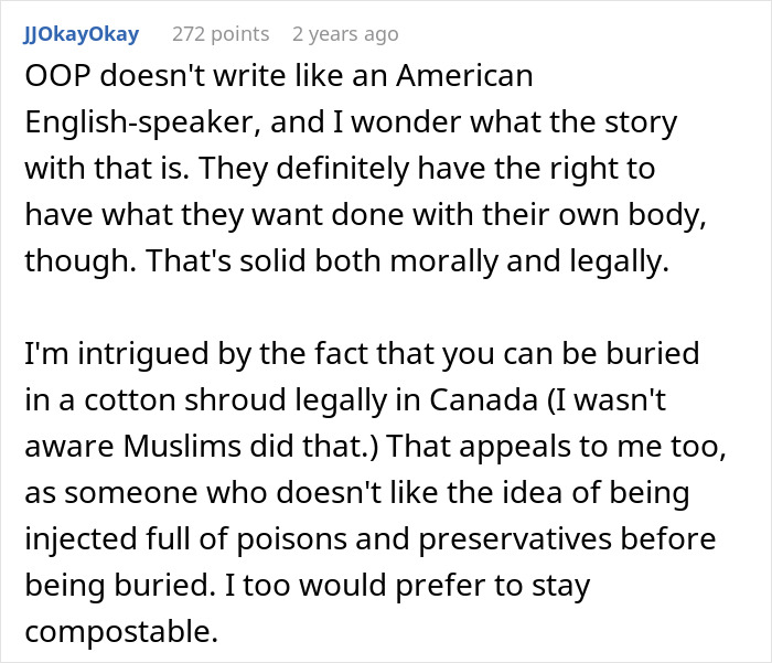 Comment about Guy’s whole hometown reacting after he tells family he doesn’t want a funeral, discussing burial preferences and legality. Comment about Guy’s whole hometown reacting after he tells family he doesn’t want a funeral, discussing burial preferences and legality.