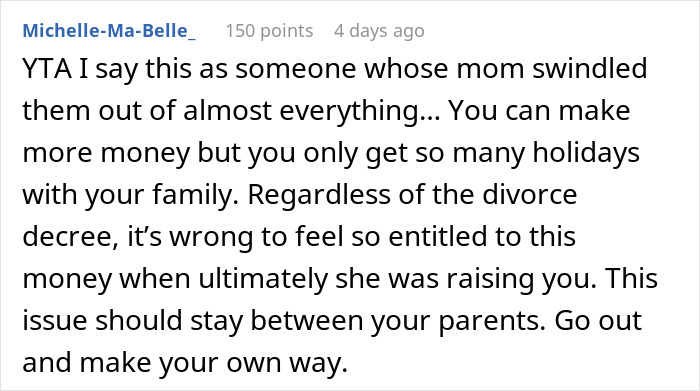 Screenshot of an online comment discussing a teen wondering about her missing 30k while her mom gives vague answers. Screenshot of an online comment discussing a teen wondering about her missing 30k while her mom gives vague answers.
