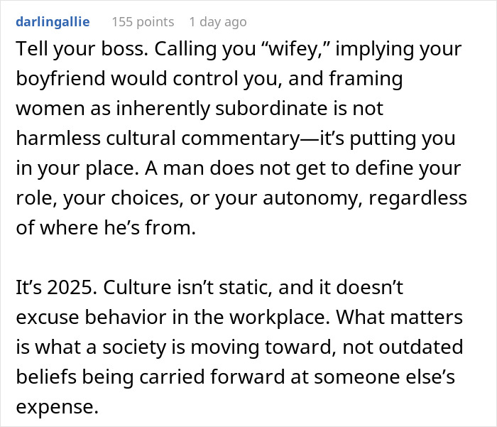 Alt text: Workplace conflict where a guy tells coworker she should stay home and birth babies, causing her to feel conflicted.