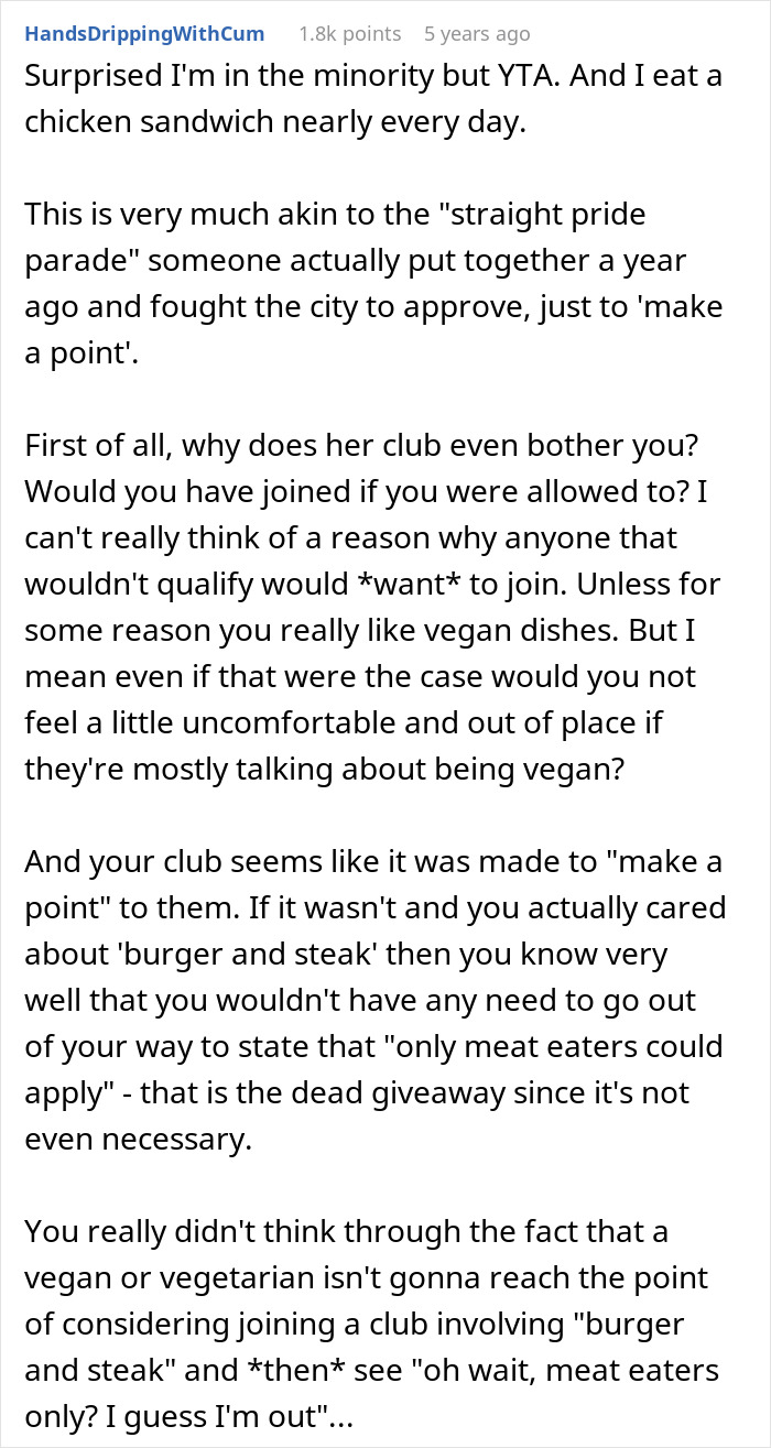 Screenshot of online comment debating an employee pushing back against a vegan-only club and starting beef literally. Screenshot of online comment debating an employee pushing back against a vegan-only club and starting beef literally.