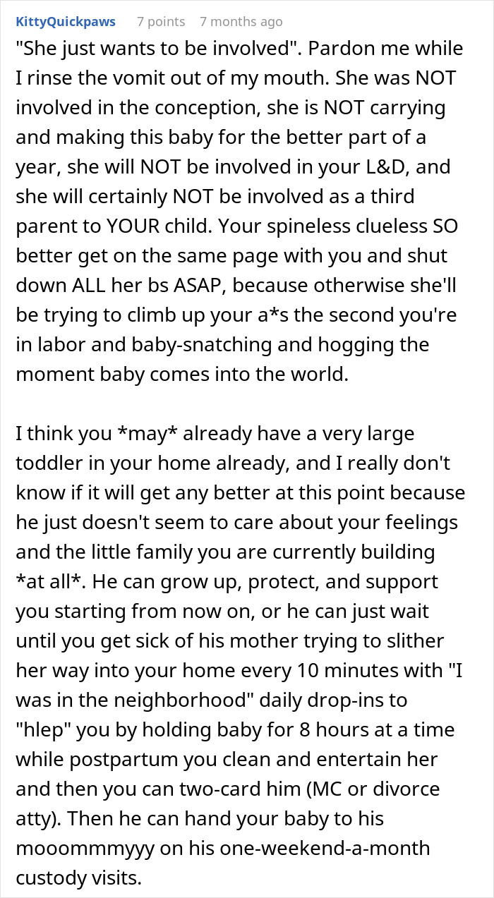 Screenshot of a detailed comment criticizing a husband for not standing up to his mother in a family conflict.