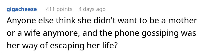 Comment highlighting a woman’s phone dependence affecting family life and marriage dynamics in an online discussion. Comment highlighting a woman’s phone dependence affecting family life and marriage dynamics in an online discussion.