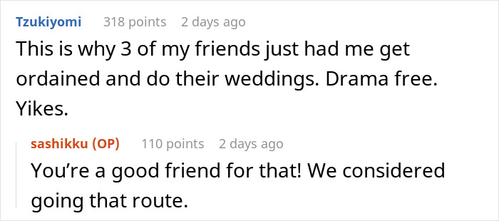 Screenshot of a conversation about weddings where a bride is mortified as an officiant brings a random guest to the ceremony. Screenshot of a conversation about weddings where a bride is mortified as an officiant brings a random guest to the ceremony.