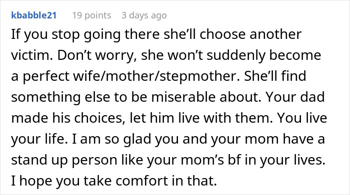 Comment discussing a teen’s struggle with an insecure stepmother revealing her true colors in family dynamics. Comment discussing a teen’s struggle with an insecure stepmother revealing her true colors in family dynamics.