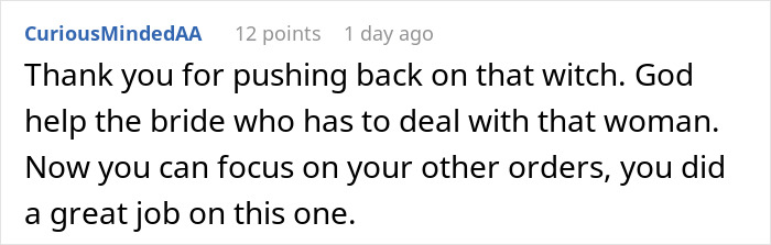 Comment from CuriousMindedAA thanking an artist for exposing MIL’s plan to make bride look ugly in wedding illustration. Comment from CuriousMindedAA thanking an artist for exposing MIL’s plan to make bride look ugly in wedding illustration.