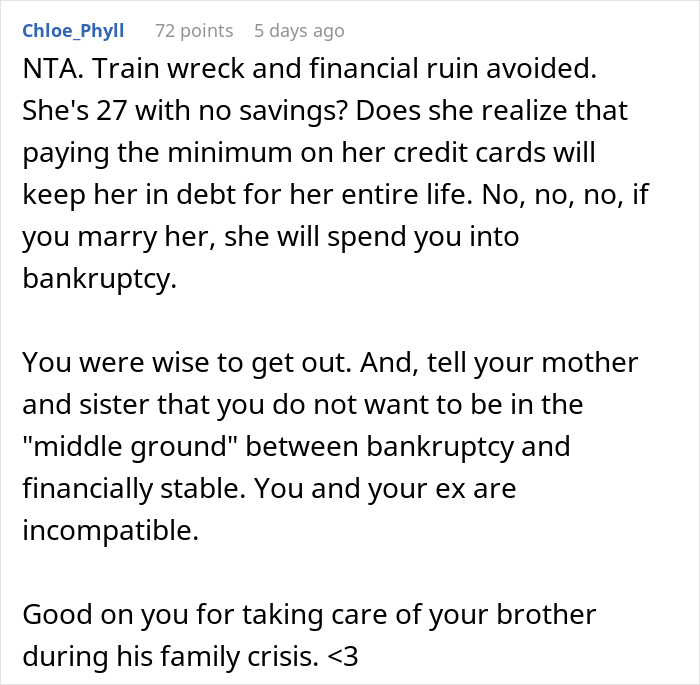 Comment warning about financial risks and debt leading to breakup after fianc&eacute; demanded $35k for wedding expenses.