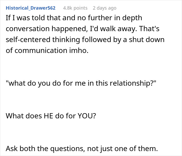 Reddit comment discussing relationship communication drama about earning an engagement ring after years together.