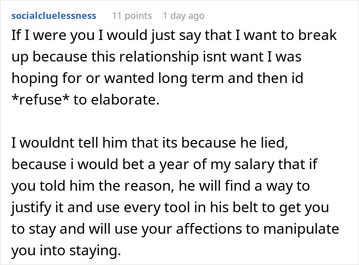 Screenshot of a Reddit comment advising to break up due to deception in a relationship with an age gap. Screenshot of a Reddit comment advising to break up due to deception in a relationship with an age gap.