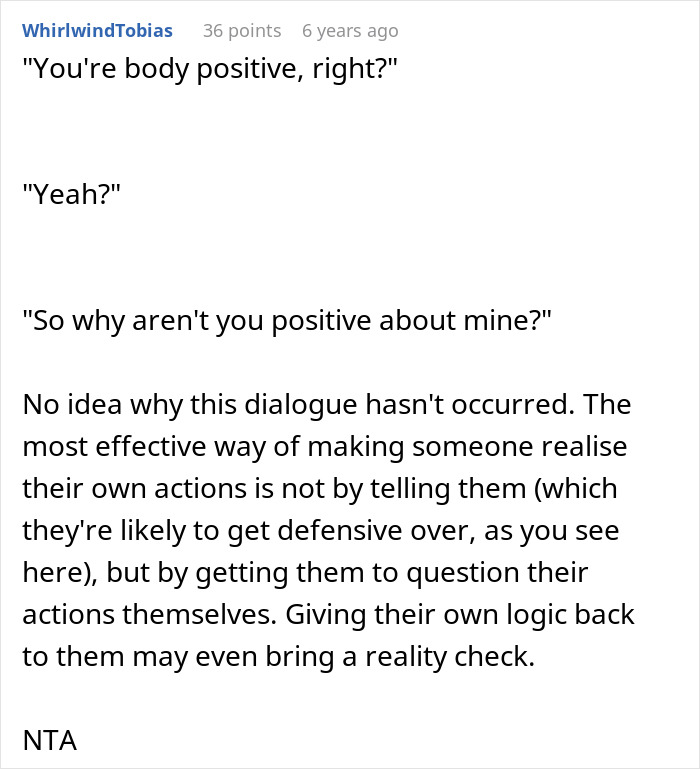 Screenshot of a Reddit comment discussing body positivity and skinny-shaming in a workplace conversation.