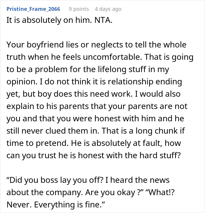 Forum comment discussing issues of trust and honesty after fiancé’s lie about family causes relationship doubts.